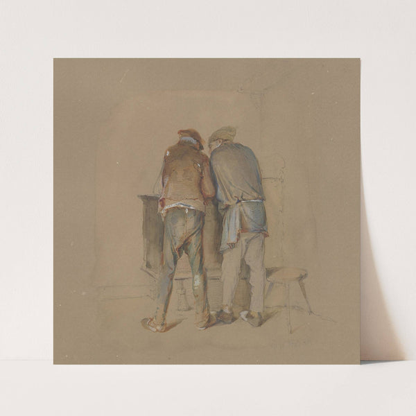 Zwei Bauern in Rückansicht, sich am Ofen wärmend by Carl Engel