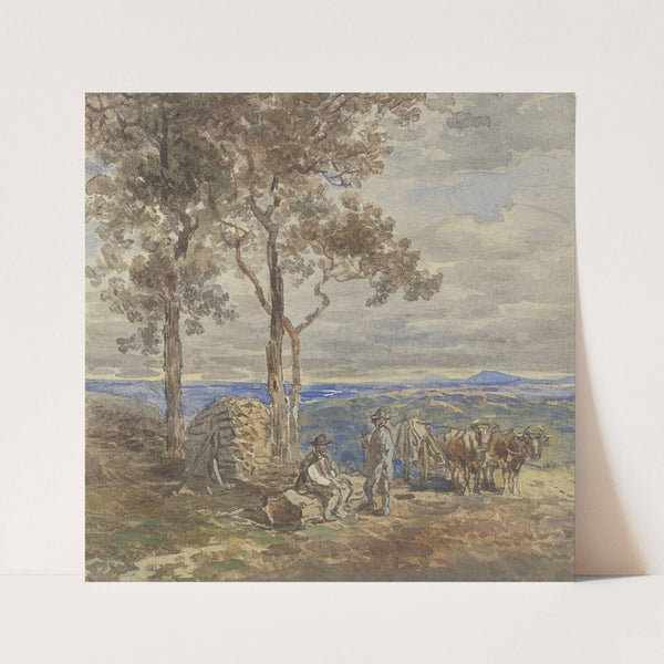 Zwei Bauern mit ihrem von Ochsen gezogenen Leiterwagen, in einer Hochebene bei einem Holzstoß ruhend by Anton Burger