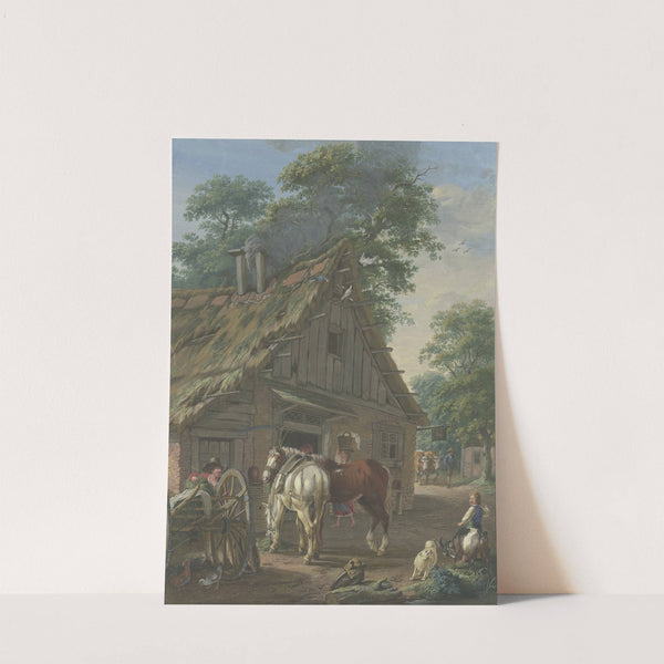 Zwei Bauernpferde vor einem Wirtshaus unter Bäumen by Johann Georg Pforr