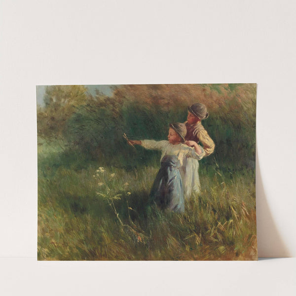 Zwei Buben mit Steinschleuder auf der Sommerwiese by Géza Peske