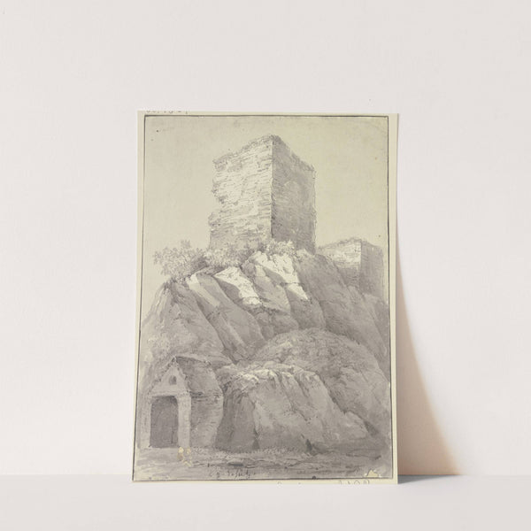 Zwei Burgtürme auf einem Felsen, im Vordergrund ein Steinhäuschen by Christian Georg Schütz the Younger