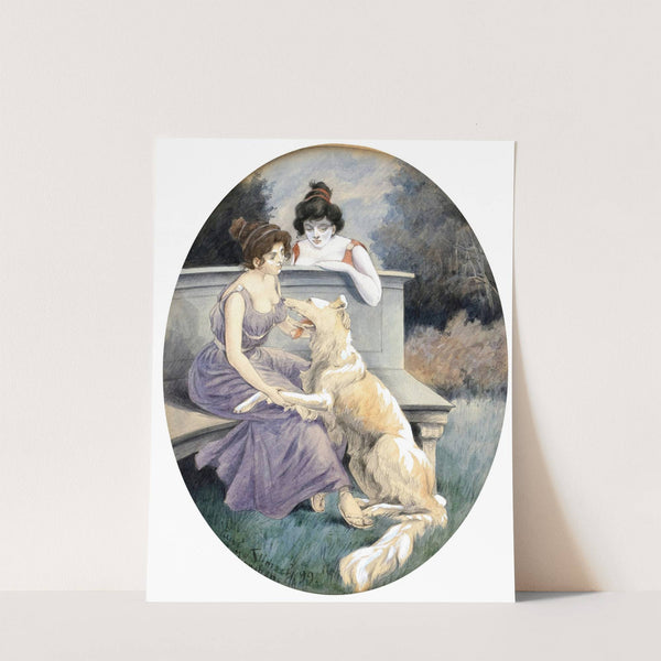 Zwei Damen mit Windhund auf einer Parkbank by Paul Klimsch