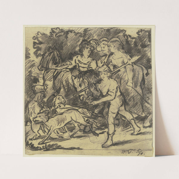 Zwei Edelfräulein und ein Knappe reiten auf die Jagd, dabei Bursche und Rüden (1870) by Wilhelm Trübner