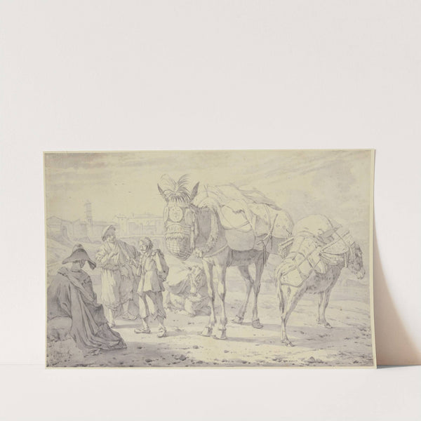 Zwei Esel und ein beladenes Maultier mit ihren Treibern by Willem Romeyn