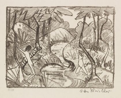 Zwei Figuren am Waldbach 2 (Waldlandschaft)