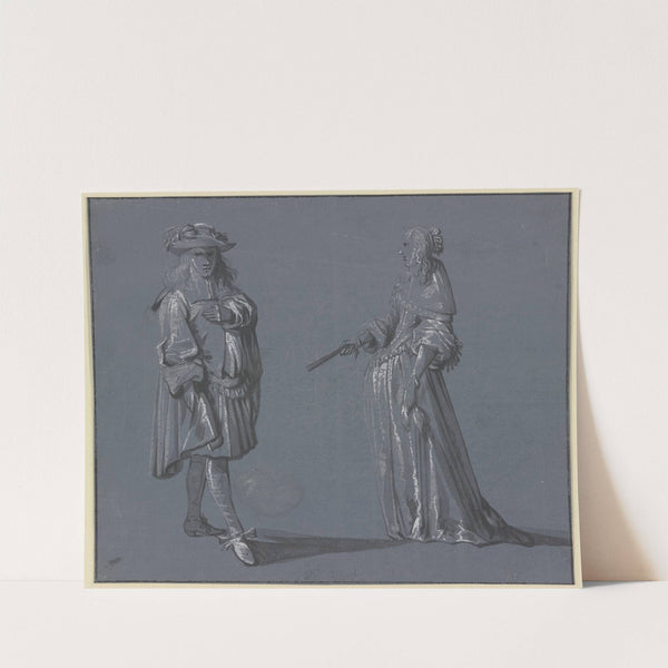 Zwei Figuren in eleganter Tracht, links ein stehender Kavalier in Vorderansicht, rechts eine stehende Dame im Profil nach links mit einem Fächer in der Rechten by Jacob Weyer