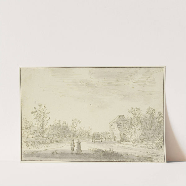 Zwei Figuren und ein Hund vorn auf einem Weg, rechts zurück hält ein Karren vor einem Gehöft, dahinter Bäume by Jan van Goyen