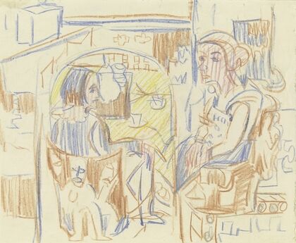 Zwei Frauen am Kaffeetisch in Kirchners Atelier (ca 1923)