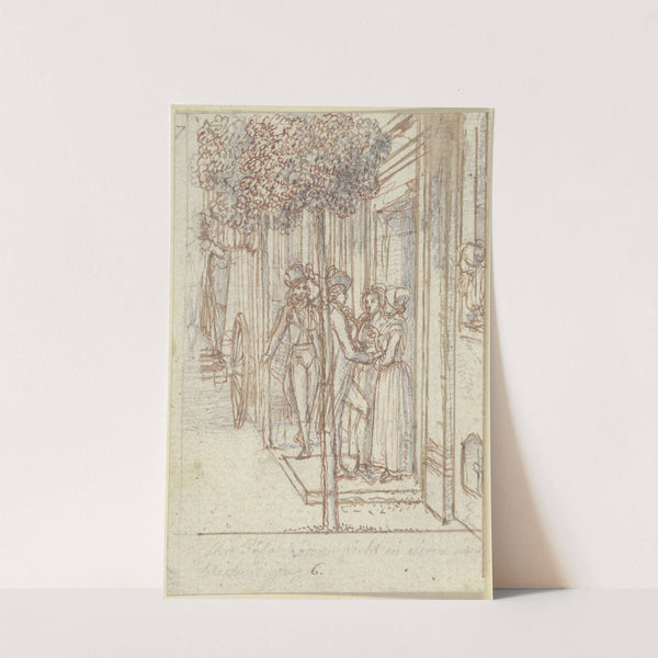 Zwei Frauen stehen an einer Haustür unter Bäumen by Daniel Nikolaus Chodowiecki