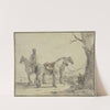 Zwei gesattelte Pferde an einen Baum gebunden, dabei ein Reiter by Aelbert Cuyp