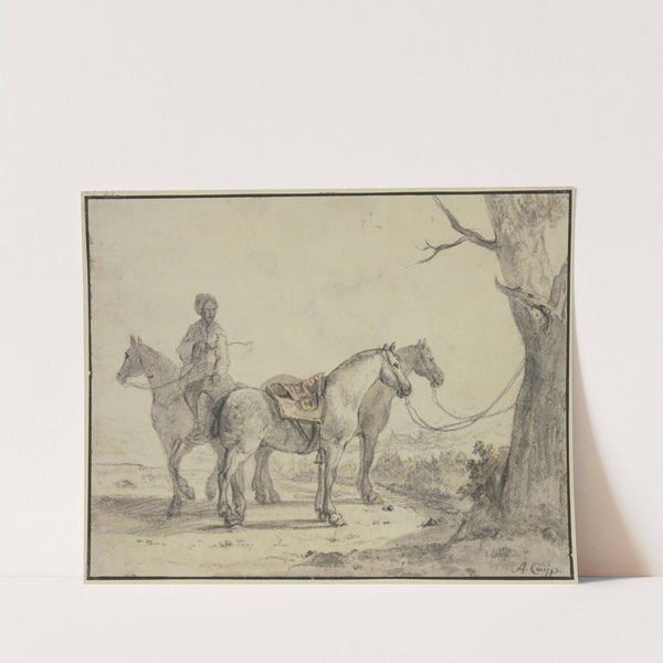 Zwei gesattelte Pferde an einen Baum gebunden, dabei ein Reiter by Aelbert Cuyp