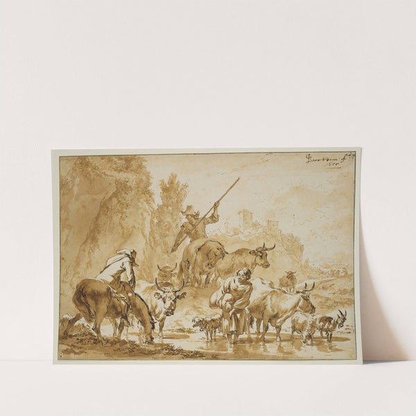 Zwei Hirten zu Pferde treiben Vieh durchs Wasser, die Hirtin mit einem Sack wartet hindurch by Nicolaes Pietersz. Berchem