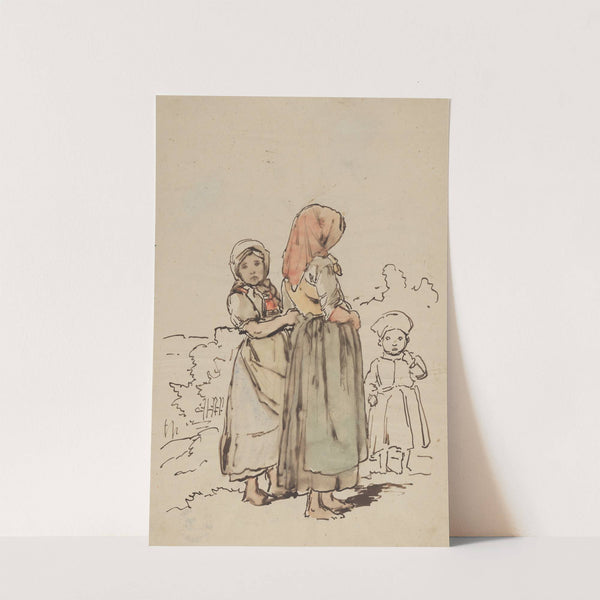 Zwei junge Mädchen und ein Kind vor einer Landschaft by Johann Baptist Kirner