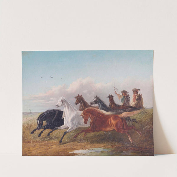 Zwei junge ungarische Reiter treiben Wildpferde in der Puszta vor sich her by Ludwig Kübler