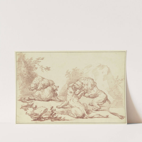 Zwei kämpfende Löwen und zwei kämpfende Bären by Johann Ludwig von Pfeiff