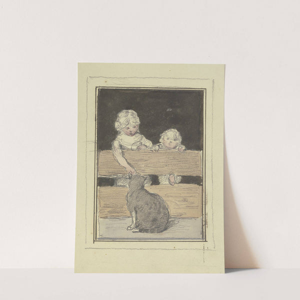 Zwei Kinder am Zaun mit einer Katze by Otto Scholderer