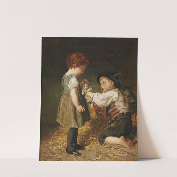 Zwei Kinder mit Kätzchen im Stall by Felix Schlesinger