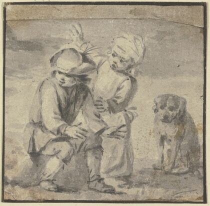 Zwei Knaben bei einem Hunde, der rechts sitzt