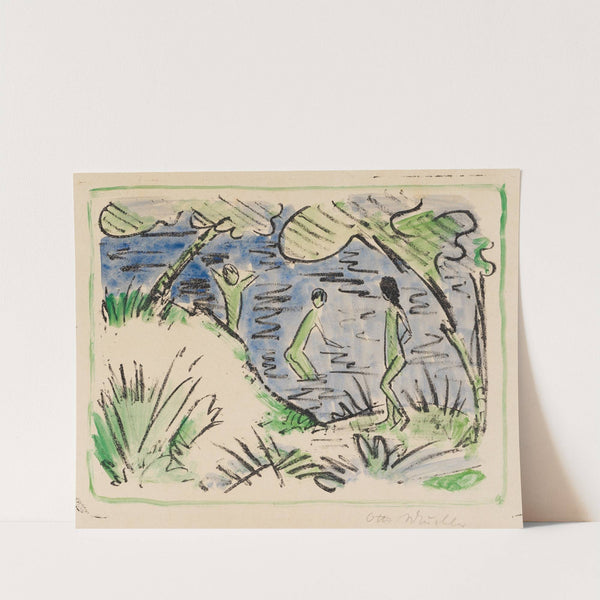 Zwei Knaben im Wasser und ein Mädchen am Ufer by Otto Mueller