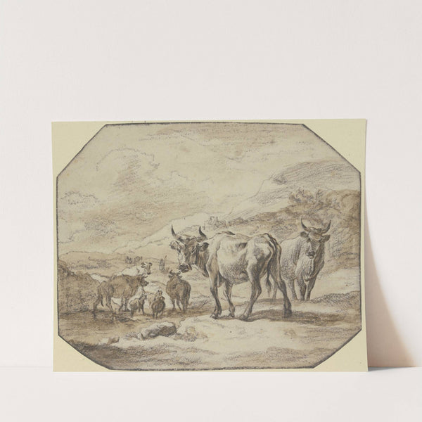 Zwei Kühe, in dem Mittelgrund geht einiges Vieh durch ein Wasser by Jacob van der Does