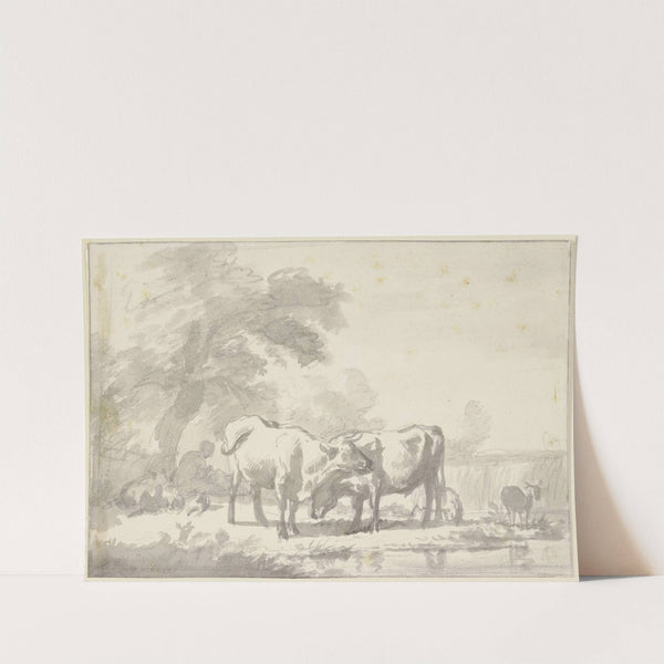 Zwei Kühe und einige Schafe, die Hirtin sitzt mit einem Kind unter einem Baum by Adriaen van de Velde