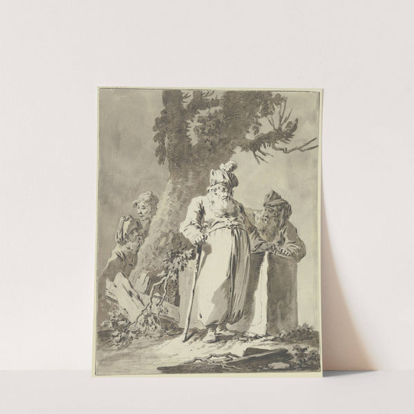 Zwei Magier an einem Steinblock stehend in der Betrachtung am Boden beieinander liegender Stücke bearbeiteten und unbearbeiteten Holzes (1774) by Tiberius Dominikus Wocher