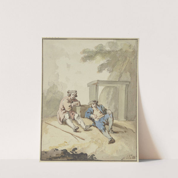 Zwei Männer bei einer Steinbank am Boden lagernd by Gottlieb Welté