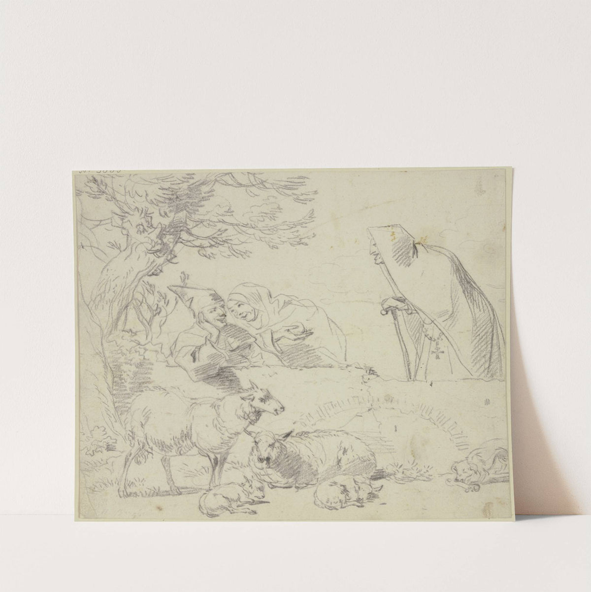 Zwei Nonnen bei einem Hirten, dabei zwei alte und zwei junge Schafe und ein Hund by Nicolaes Pietersz. Berchem
