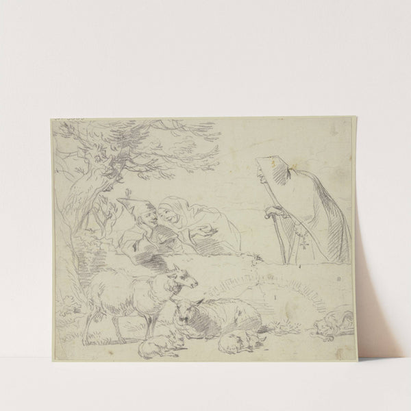 Zwei Nonnen bei einem Hirten, dabei zwei alte und zwei junge Schafe und ein Hund by Nicolaes Pietersz. Berchem