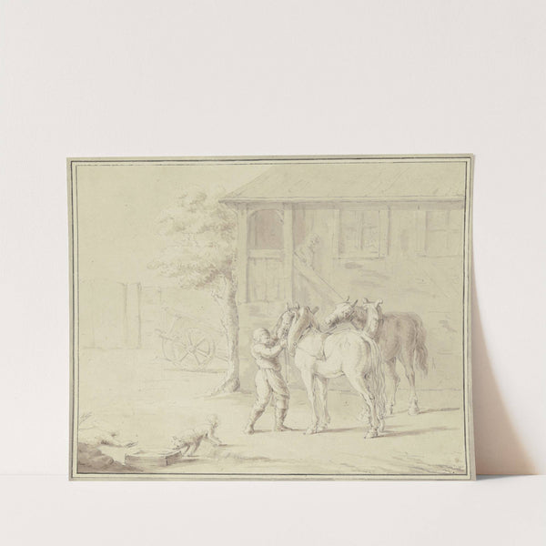 Zwei Pferde werden in einem Hofe von einem jungen Pferdeknecht angeschirrt, eine Frau kommt über die offene Holztreppe der Bauernklause by Franz Pforr