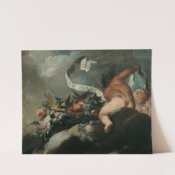 Zwei Putti mit Blumen, Früchten und Spruchband by Peter Strudel