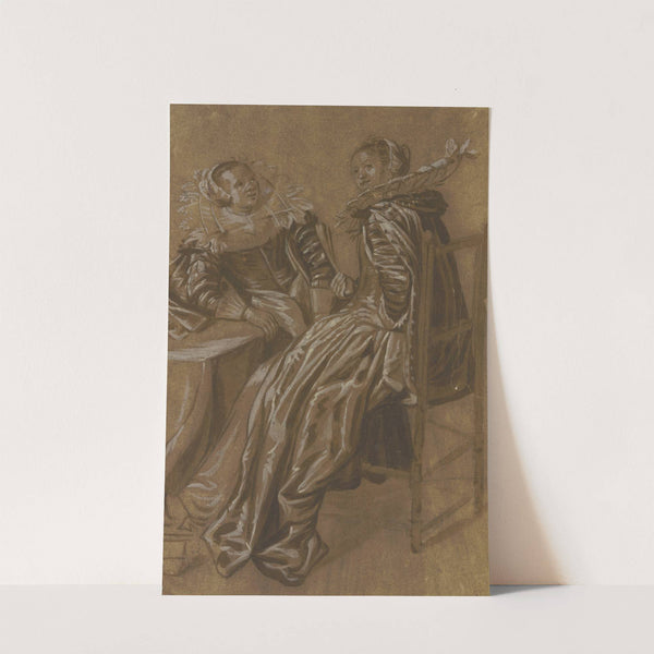 Zwei reichgekleidete holländische Frauen an einem Tisch sitzend, die vordere hat ihr Gesicht gegen den Beschauer gedreht, die weiter zurücksitzende blickt auf die erstere by Dirck Hals