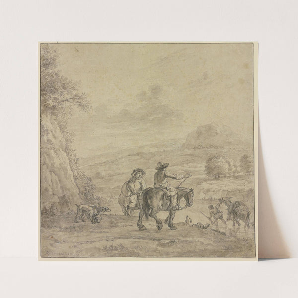 Zwei Reiter an einem Wasser, durch welches ein bepackter Esel geführt wird by Karel Dujardin