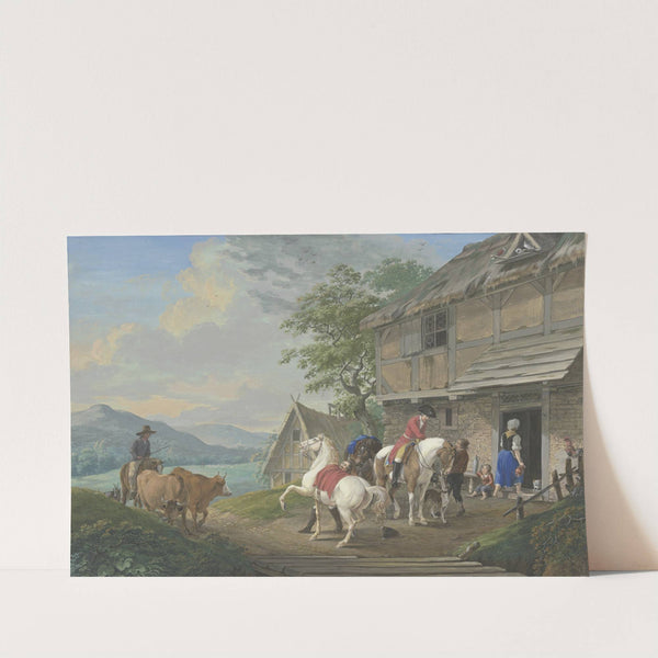 Zwei Reiter mit einem Packpferd halten vor einem Bauernhaus by Johann Georg Pforr