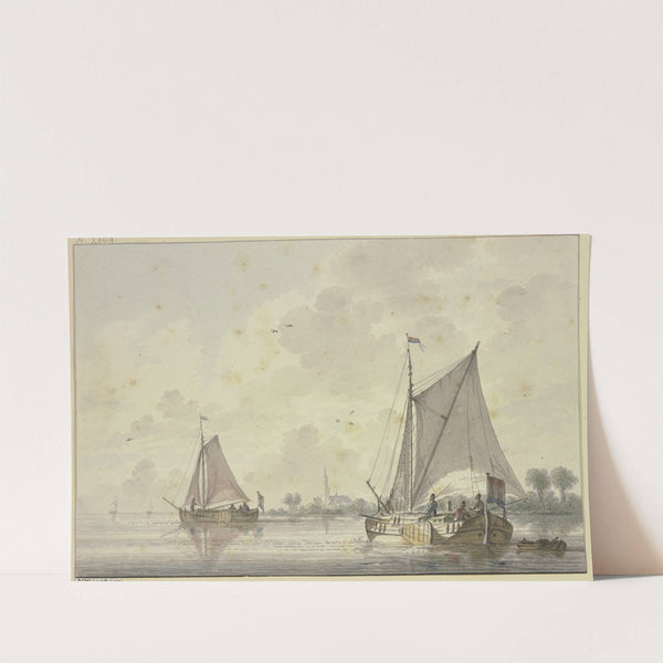 Zwei Schiffe auf einem sehr breiten Strom segelnd, am Ufer zwischen Bäumen eine Kirche by Nicolaas Wicart
