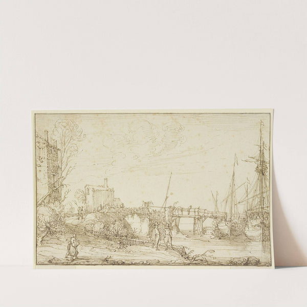 Zwei Schiffe liegen bei einer Brücke, links auf dem Wege mehrere Figuren by Cornelis Claesz. van Wieringen