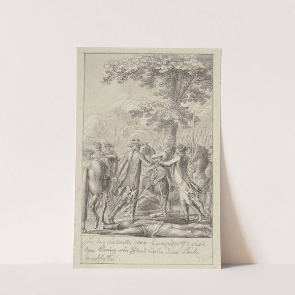 Zwei Soldaten helfen Friedrich dem Großen von einem zusammensinkenden Pferd by Daniel Nikolaus Chodowiecki