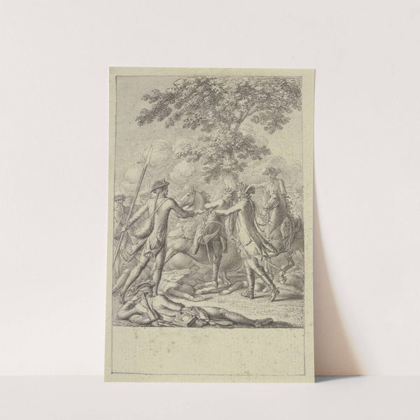 Zwei Soldaten helfen Friedrich dem Großen von einem zusammensinkenden Pferd. by Daniel Nikolaus Chodowiecki