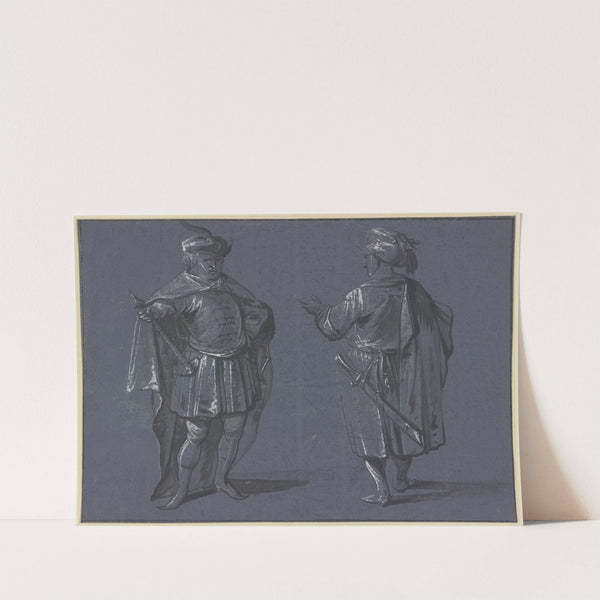 Zwei stehende Männer, wohl Ungarn, der eine in Vorderansicht mit einem in die Hüfte gestemmten Streitkolben, der andere in Rückenansicht mit einem Säbel by Jacob Weyer