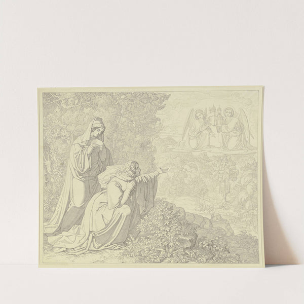 Zwei Stifterinnen wird von Engeln der Standort eines mit drei Stämmen aufwachsenden Baumes als Bauplatz für eine Kirche angewiesen by Ferdinand Fellner