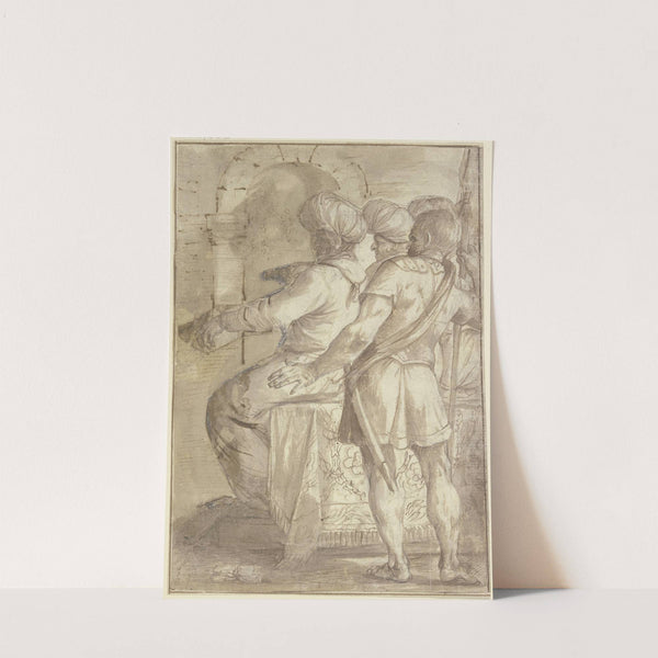 Zwei Türken, auf einem Thron nach links sitzend, hinter ihnen ein Wächter mit aufgestütztem Speer, alle Figuren in Dreiviertelrückenansicht by Annibale Carracci