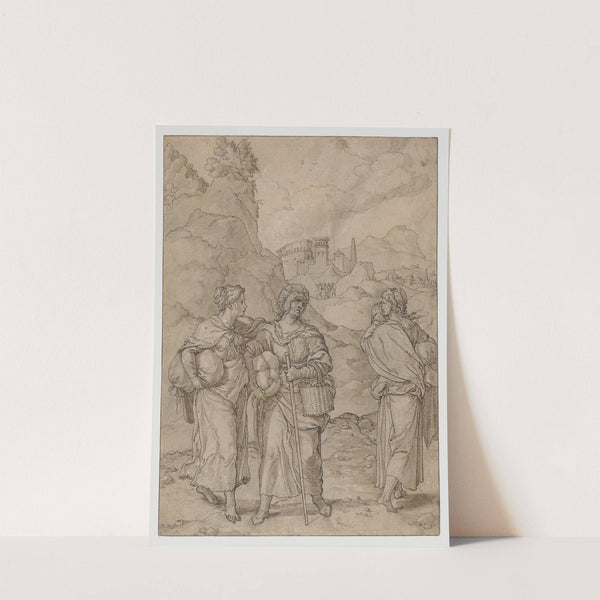 Zwei wandernde Frauen mit Gepäck begegnen einer dritten auf dem Wege by Jan Swart van Groningen