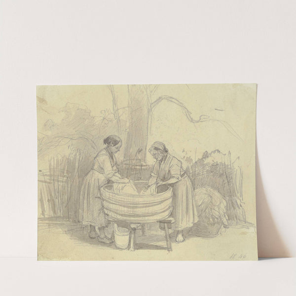 Zwei Wäscherinnen unter einem Baum an der Waschbütte, beide im Profil by Jakob Fürchtegott Dielmann