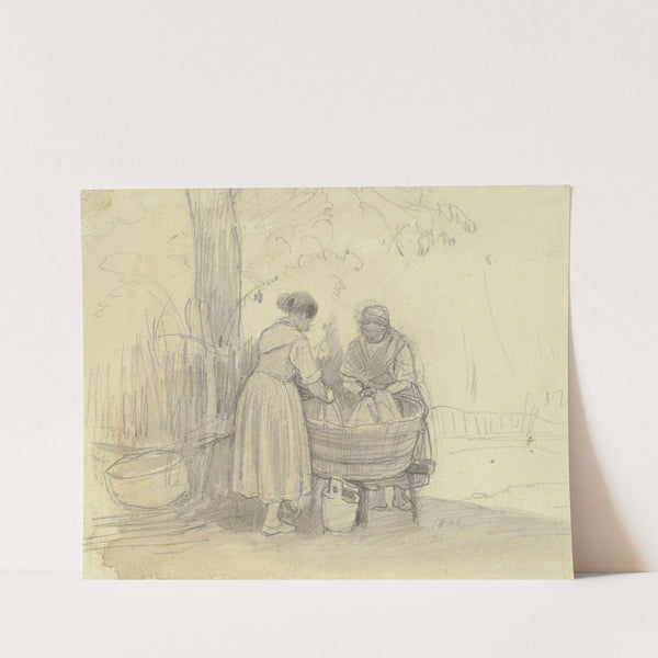 Zwei Wäscherinnen unter einem Baum an der Waschbütte, die eine von hinten, die andere von vorne by Jakob Fürchtegott Dielmann