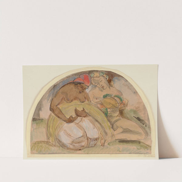 Zwei weibliche Akte, links ein Bündel Stroh, rechts eine Schale mit Früchten in der Hand haltend by Hermann Lismann