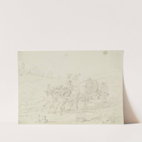 Zweispänner, ein Fass transportierend, fährt einen Hang hinab by Peter von Hess