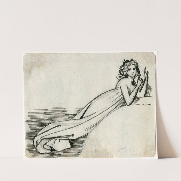 Zwevende vrouw in gewaad, op de ellebogen leunend by David Humbert de Superville