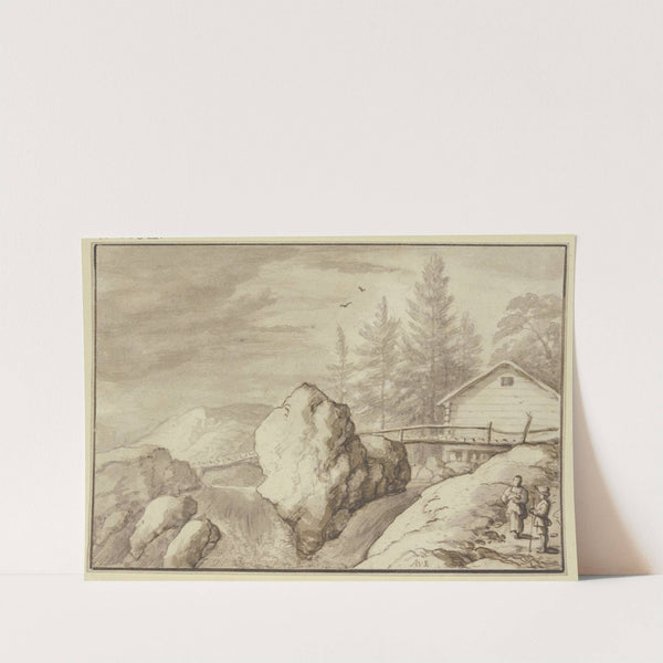 Zwischen Felsstücken ein Wasserfall, dabei ein Steg und ein Haus, rechts zwei Figuren by Allaert van Everdingen