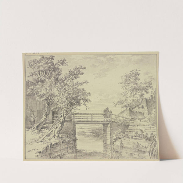 Zwischen Häusern eine Brücke über einen Kanal, auf welcher ein Mann und ein Mädchen stehen by Steven Goblé