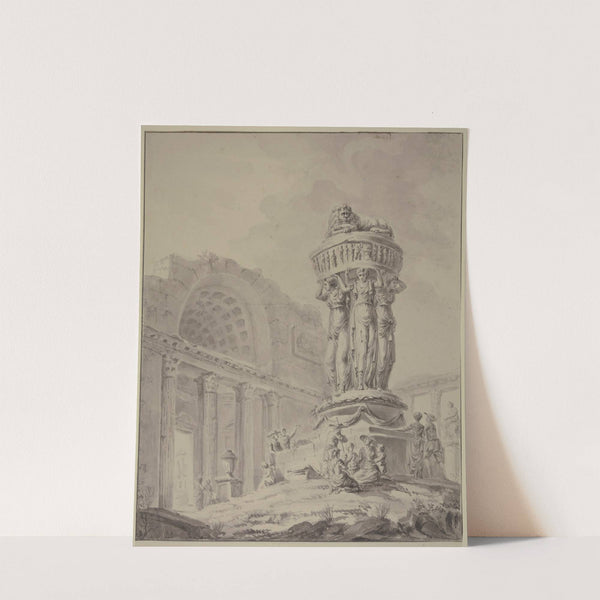 Zwischen Resten eines römischen Prachtgebäudes tragen drei kolossale Karyatiden eine Vase mit einem Löwen by Jacques-François Blondel